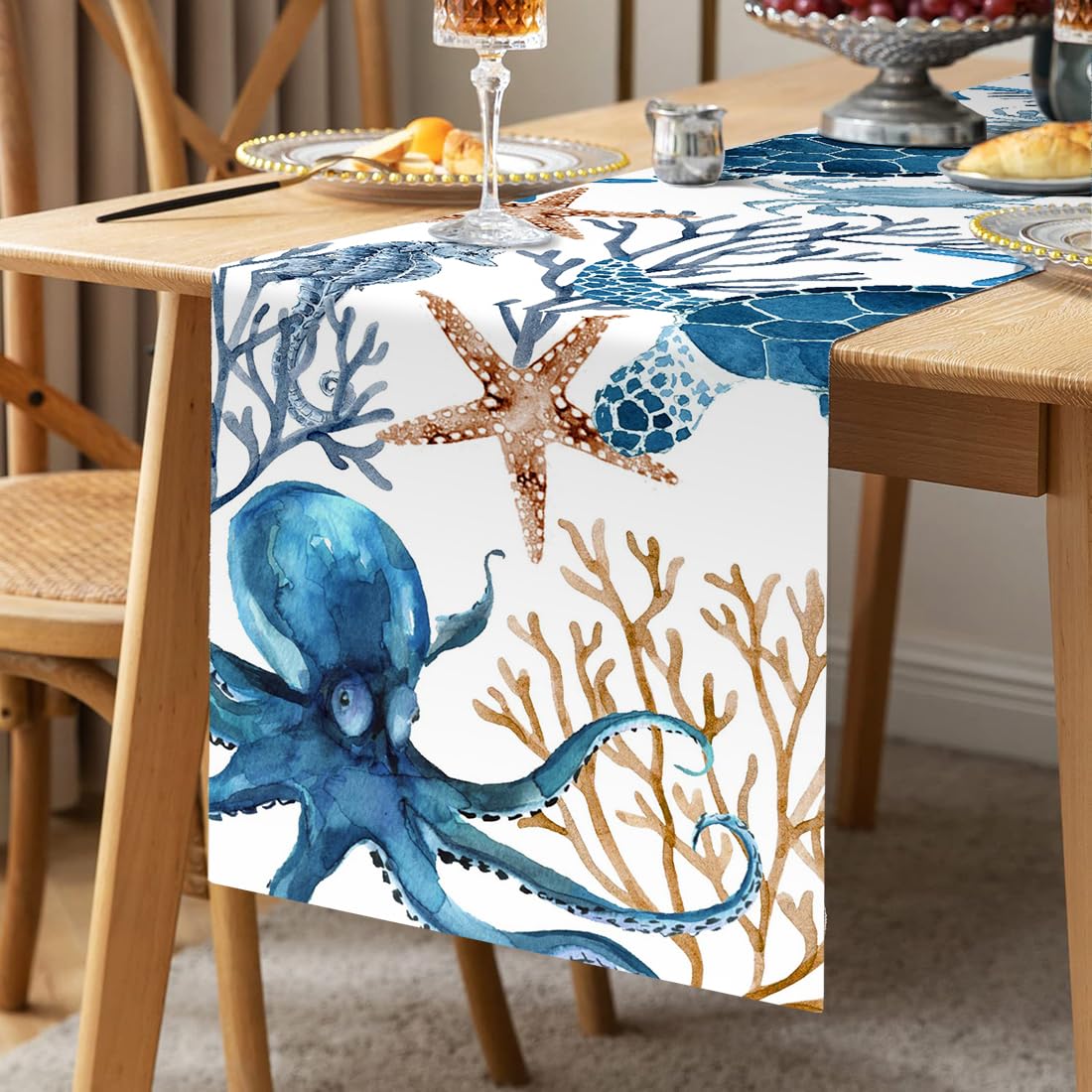 Chemin De Table Style Plage - Motif Océan, Coquillages Bleu - 40x140cm - Décoration Table été Lavable