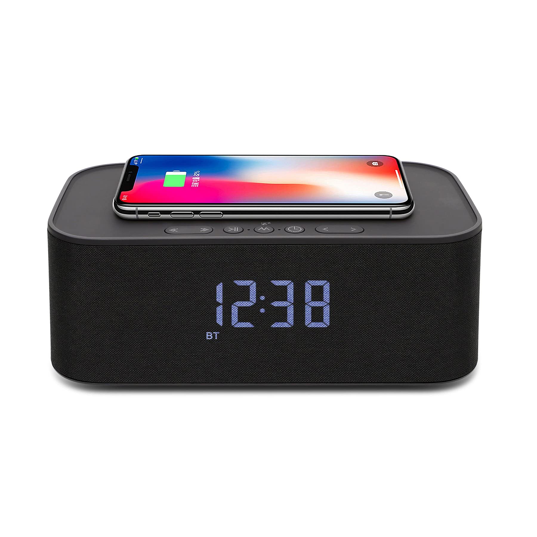 Explore Scientific BCC1001 Orologio con altoparlanti Bluetooth, Funzione ricarica wireless, Vivavoce integrato, Doppia sveglia, Display con luminosità regolabile, Nero