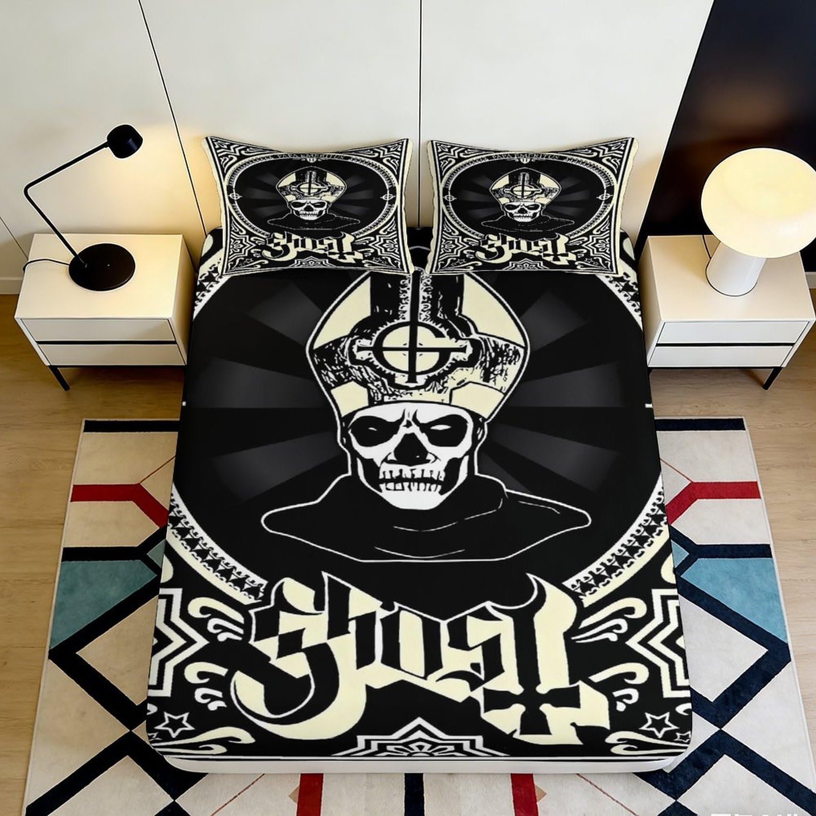 3D Printed Gothic Skull Fitted Sheet Microfiber Black White Punk Mattress Cover for Bedroom Dorm Decor 90x200x25cm