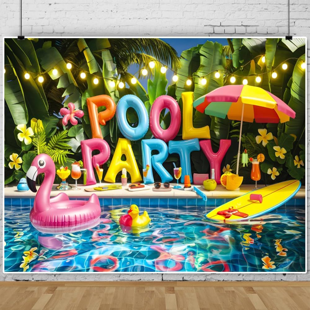 Pool Party Backdrop 12x8ft Tropical Leaves Flower Flamingo Glitter Summer Backdrops for Photography Background for Birthday Swimming Hawaiian Beach Luau Party Decorations Photo Props