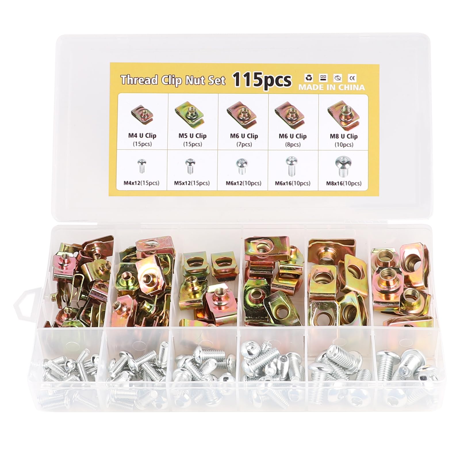 LALAGO Clip à Vis et Écrou de Kit, 115 Pcs M4 M5 M6 M8 de Vis et Écrous de Fixation pour Garde-Boue de Voiture, Écrous Fixation Type U Clips Ecrou, Type U Sous Support de Passage Roue Kit