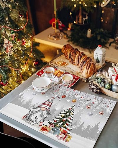 Miniatura 3 de Juego de 6 manteles individuales de gnomo de Navidad, bolas de árbol de Navidad, resistentes al calor, lavables, manteles individuales de algodón