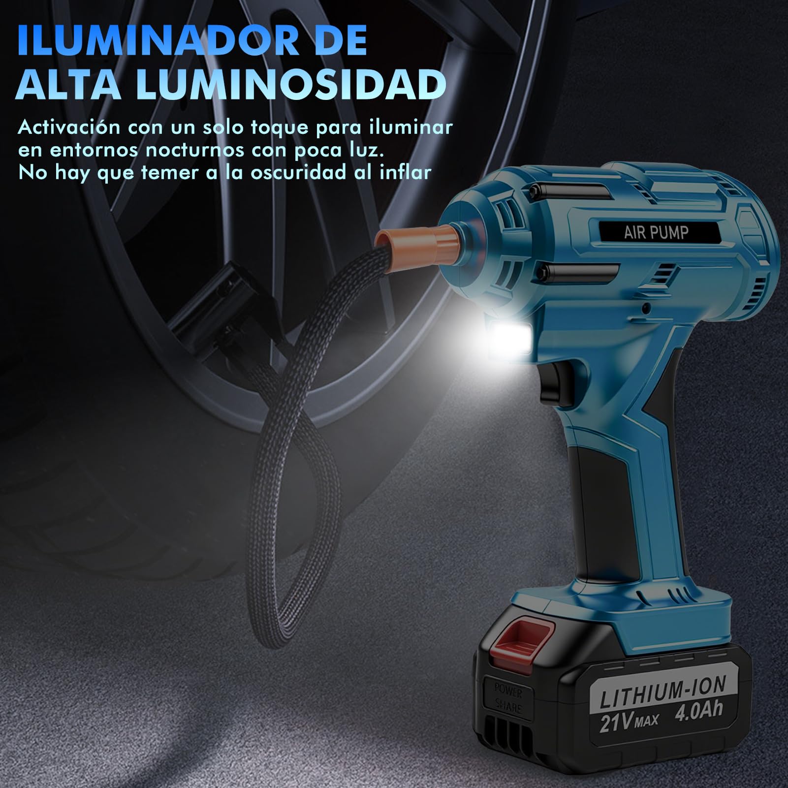 Inflador Ruedas Coche Portatil 150PSI con Batería Extraíble de 21V | Compresor Aire Inalámbrico, Apagado Automático, con Pantalla LCD, Luz LED para Coches Motos Bicicletas Pelotas