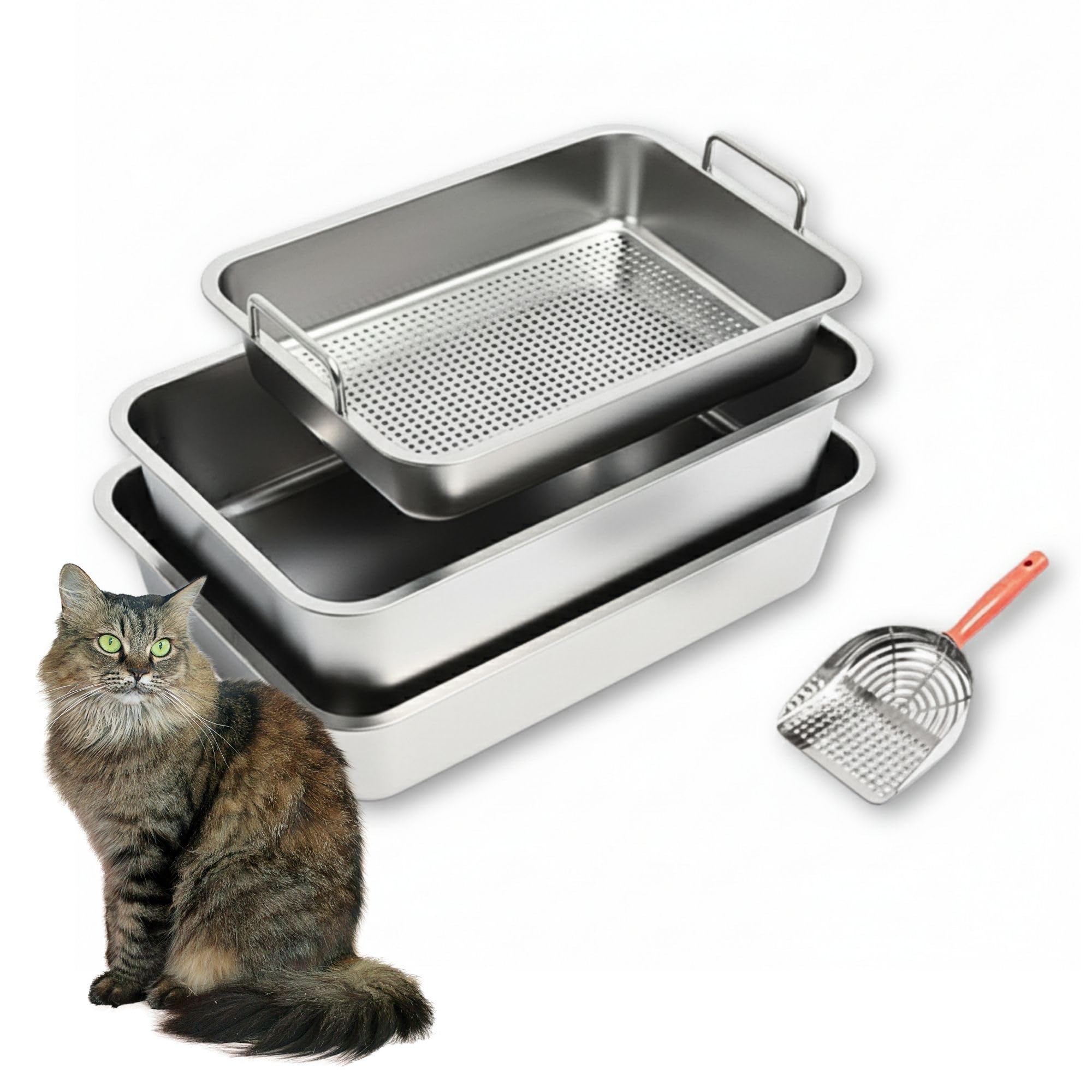 Stainless Steel Cat Litter Box Set – High Sided Metal Litter Box, 4-Piece Kit with 2 Large Trays (23.6” x 15.7” x 6”), Sifting Tray & Scoop, Easy Clean Non-Porous Surface