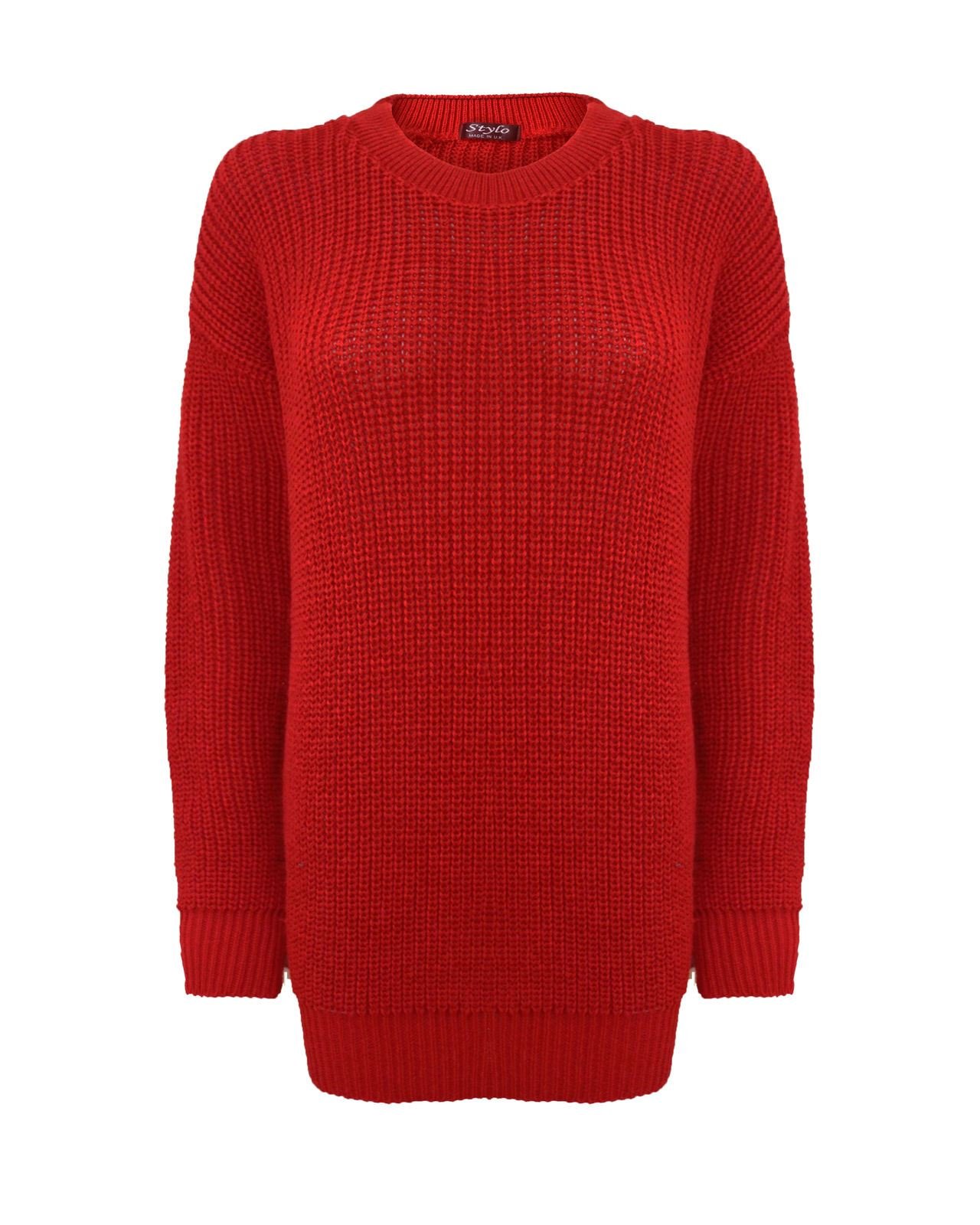 New Ladies Women Oversized Long Sleeve Knitted Baggy Jumper Sweater Crew Neck Pullover Top[Red,ML]