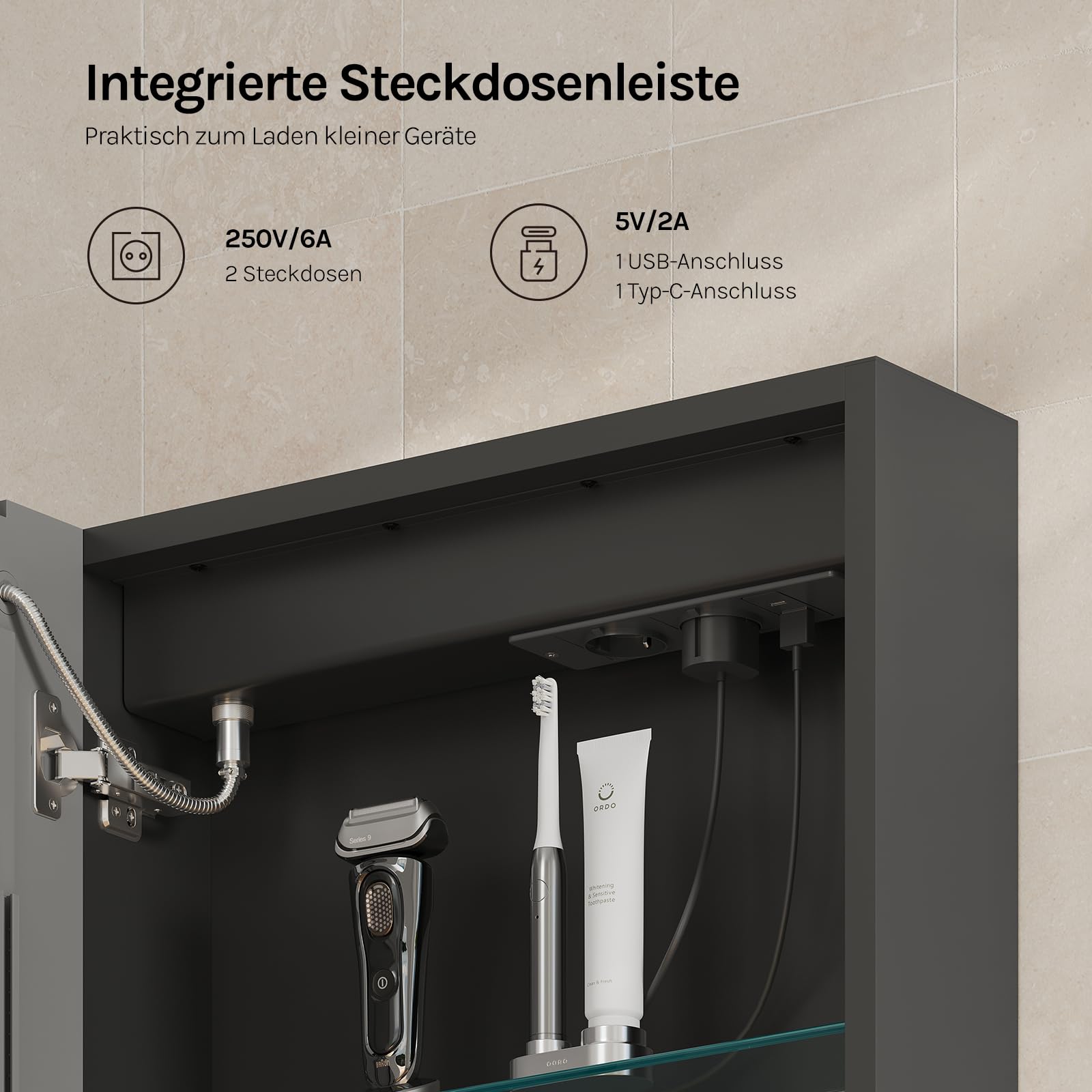 WOLTU Spiegelschrank Bad mit Beleuchtung, Badezimmerschrank hängend mit LED-Beleuchtung, Antibeschlag-Funktion, mit Steckdose und verstellbaren Ablagen, 14,5 x 50 x 70 cm, Schwarz