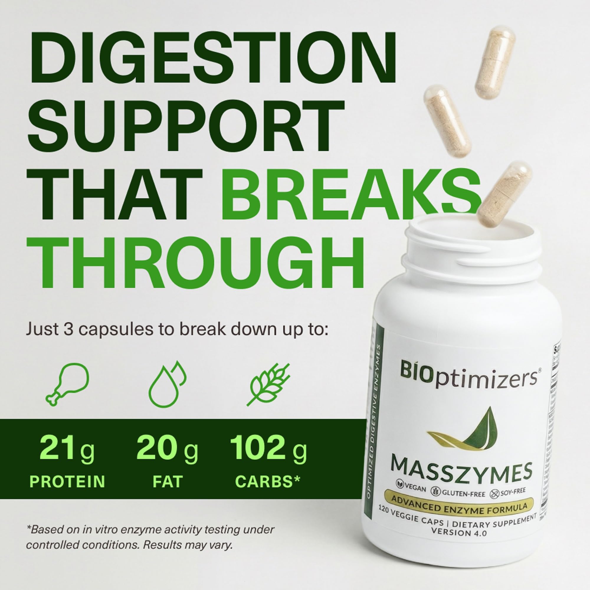 BIOptimizers MassZymes - Complete Digestive Enzymes Supplement for Gut Health - Bloating Relief for Men and Women - Lipase Amylase Bromelain Digestive Enzymes (120 Capsules) — Amazon image 4