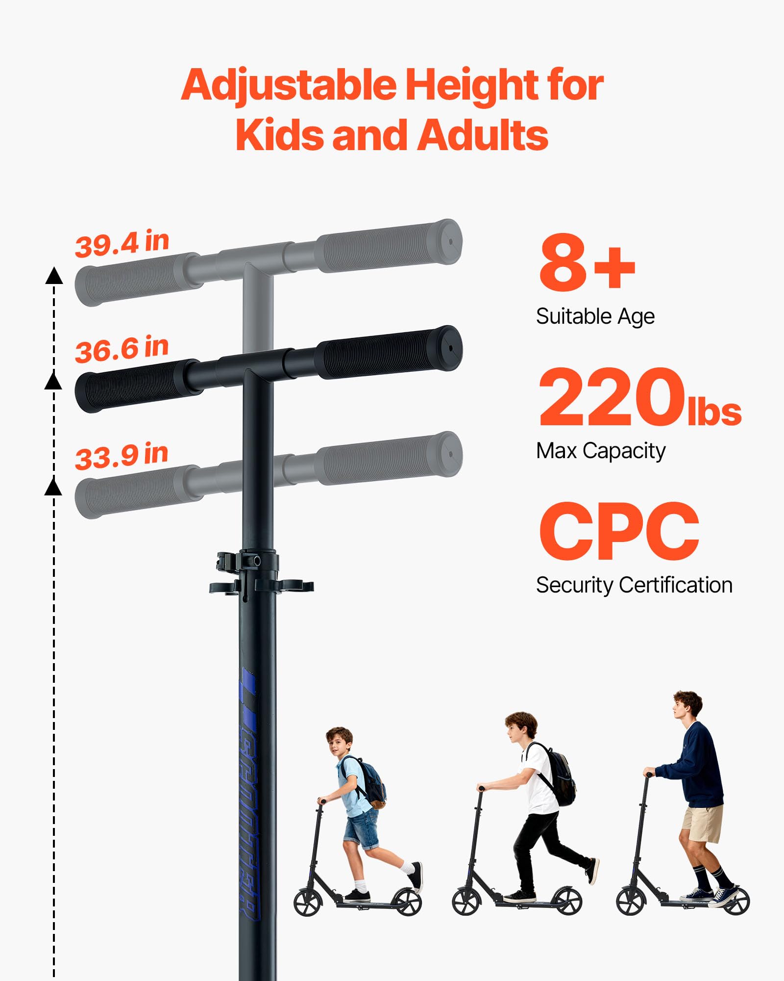 VEVOR Monopattino con 2 Ruote per Bambini da 8 Anni, Monopattino Pieghevole per Mobilità Urbana Carico max. 100kg Altezza Regolabile a 3 Livelli, Pedana Antiscivolo e Freno a Pedale, Nero Viola