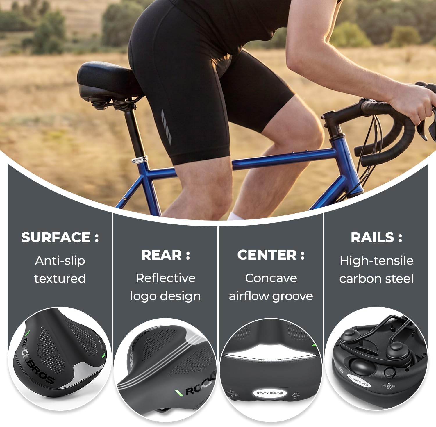 ROCKBROS Bike Seat Inflatable Air Cushion Shock Absorbing Comfortable Saddle Universal Fit Bicycle