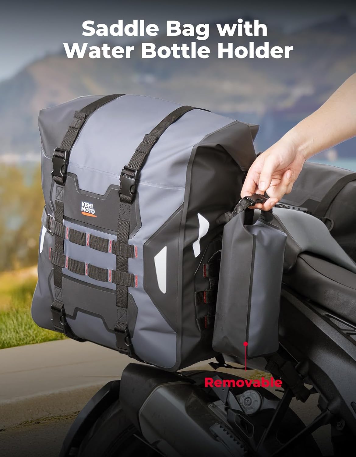 KEMIMOTO PVC Waterproof Motorcycle Saddlebags with Bottle Holders 52L(26Lx2) Adventure Sport Bike Luggage Bag Saddle Bags Side Bags for Motorbike Travel Detachable Motorcycle Bag