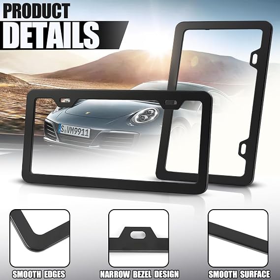2-Pack License Plate Frames, Universal Black Aluminum Licence Plate Frame Holder, 2-Hole Narrow & Slim Design Holder with Screws & Caps, Universal Fit for Cars, Trucks, Various Vehicles