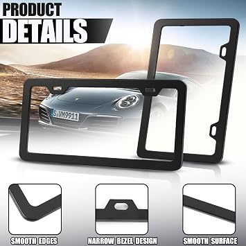 2-Pack License Plate Frames, Universal Black Aluminum Licence Plate Frame Holder, 2-Hole Narrow & Slim Design Holder with Screws & Caps, Universal Fit for Cars, Trucks, Various Vehicles