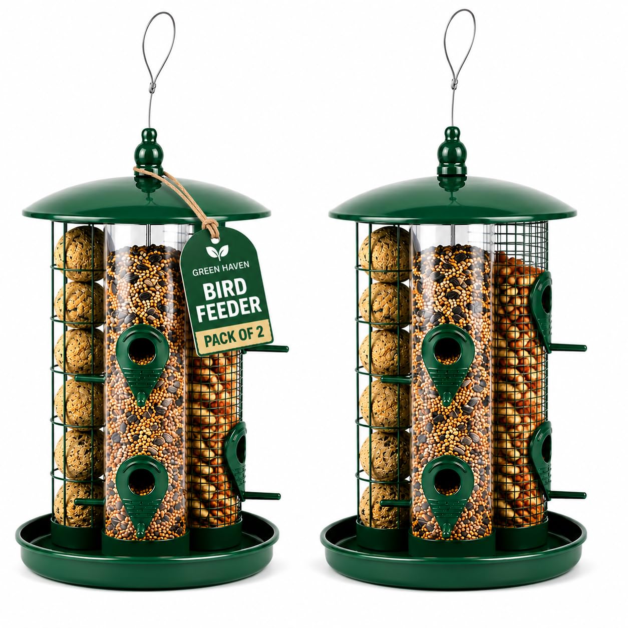 Green Haven 2 Pack 3-in-1 Bird Feeder and Fat Ball Feeder, Hanging