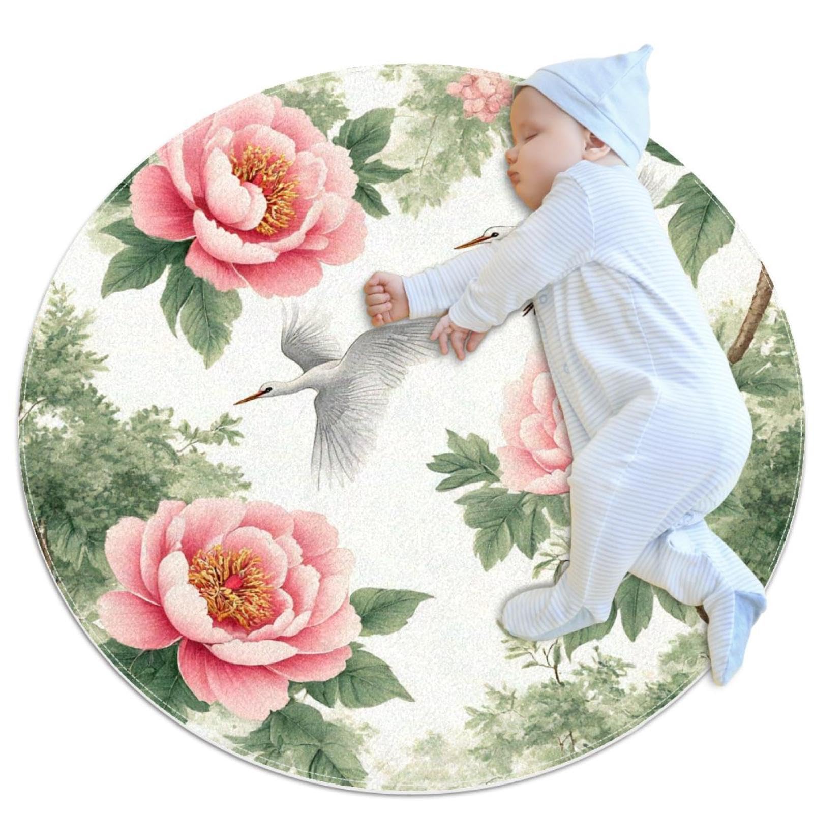 Tapis de chambre d'enfant antidérapant et rond motif floral pivoine rose