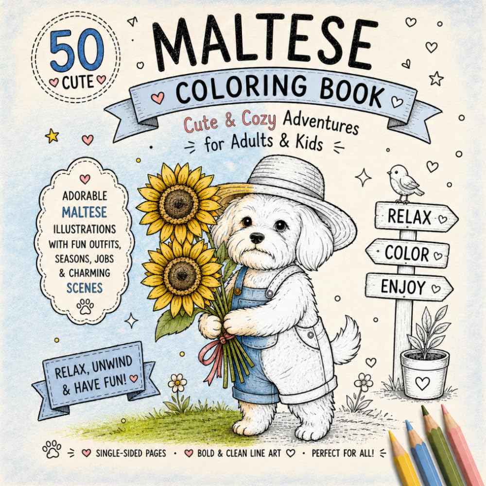 Maltese Coloring Book: Adorable Maltese Dogs in Playful Outfits and Everyday Adventures – Stress Relief Coloring Pages for Kids, Teens & Adults (Cozy Dog Adventures Coloring Book Series)