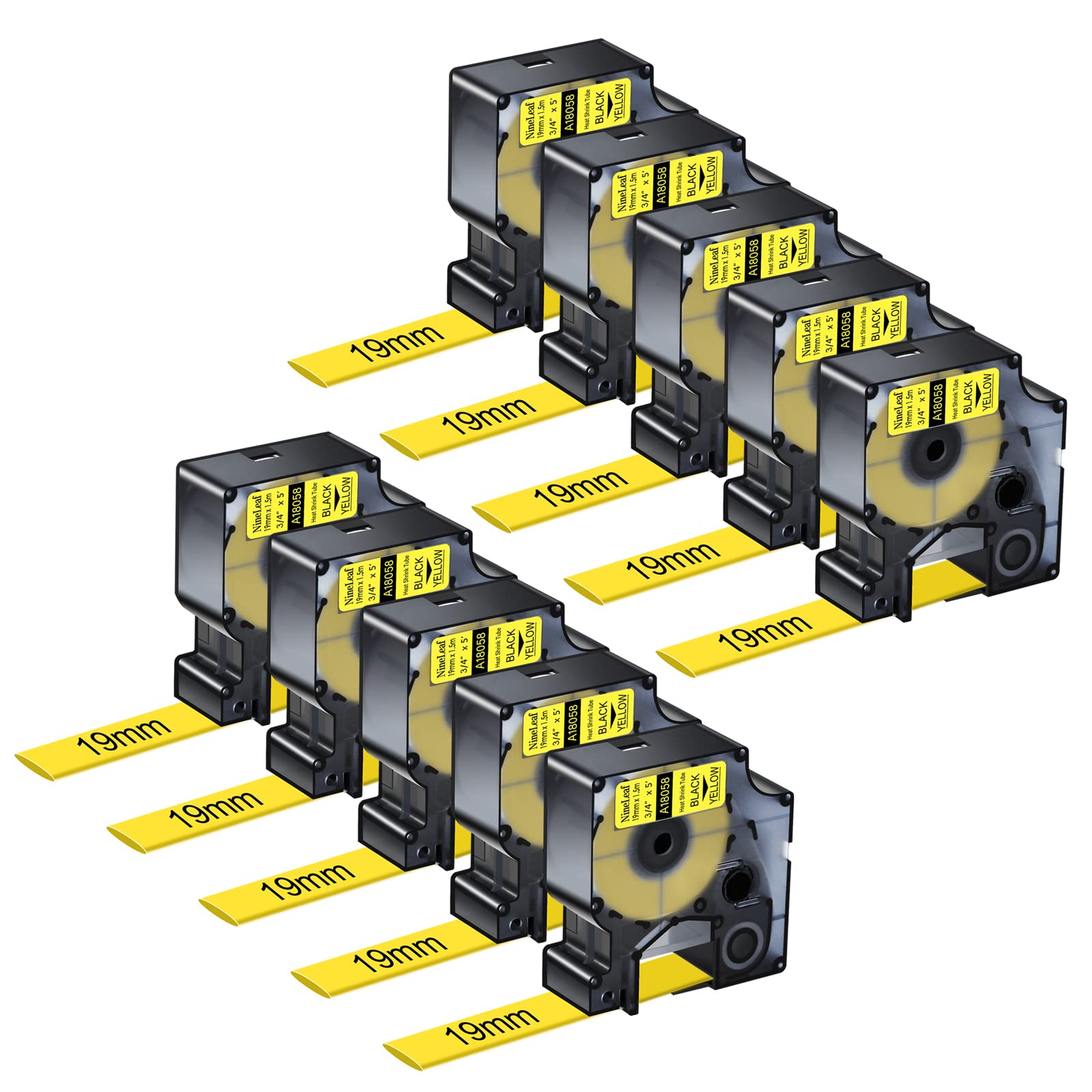 Nineleaf 10 PK Compatible for DYMO 18058 Rhino Heat Shrink Tube Industry Label Tape 3/4" x 5ft Black on Yellow for LabelWriter and Industrial Label Maker Rhino 1000 3000 4200 5000 5200 6000 457 Duo โ image 1