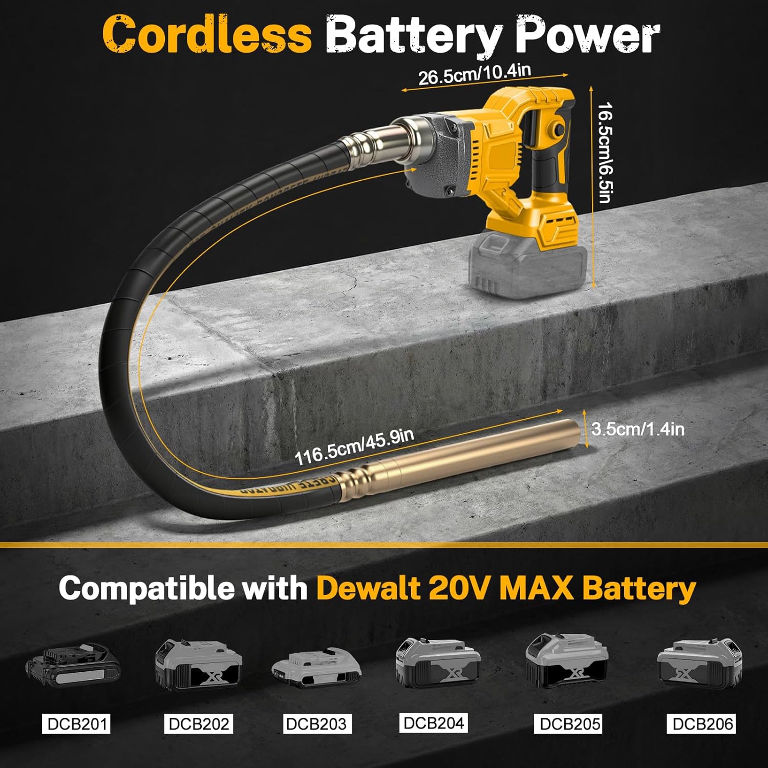 Cordless Concrete Vibrator Compatible with DeWalt 20V - 600W Handheld Cement Vibrator Tool with 3.8ft Flexible Shaft, Portable Pencil Vibrator for Removing Air Bubbles & Enhancing Concrete Density
