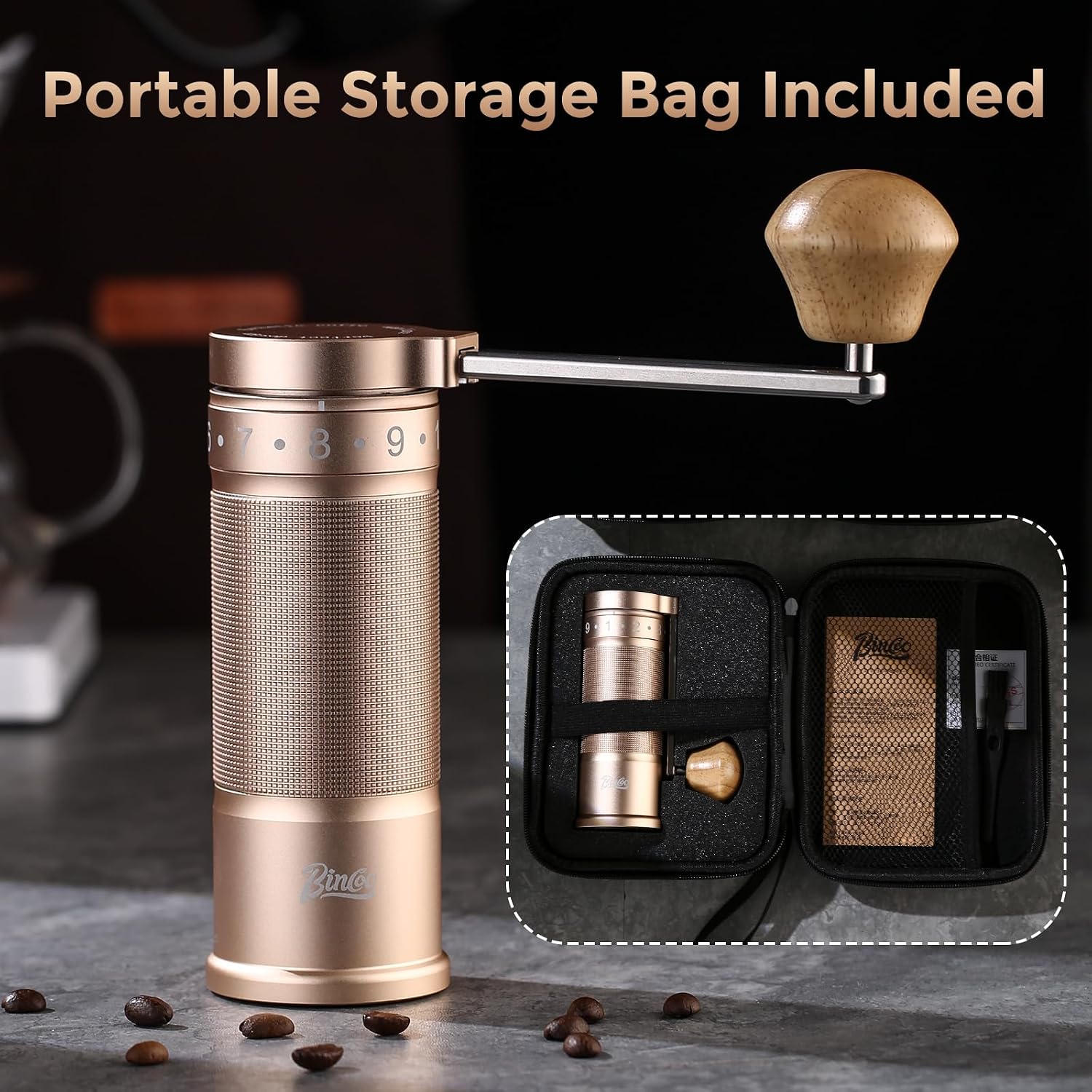 Bincoo Manual Coffee Grinder Manual Foldable Handle– Espresso Hand Coffee Grinder Burr,Compact and Portable for Home/Travel/Camping(Champagne)