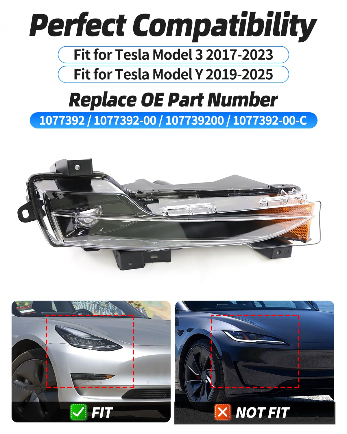 Front Fog Lights, Model y Daytime Running Light Led Drive & Passenger Side Fog Light Compatible with Tesla Model 3 17-23 and Model y 19-24 OE 1077391-00-E, 1077391-00-F (Passenger side/right side)
