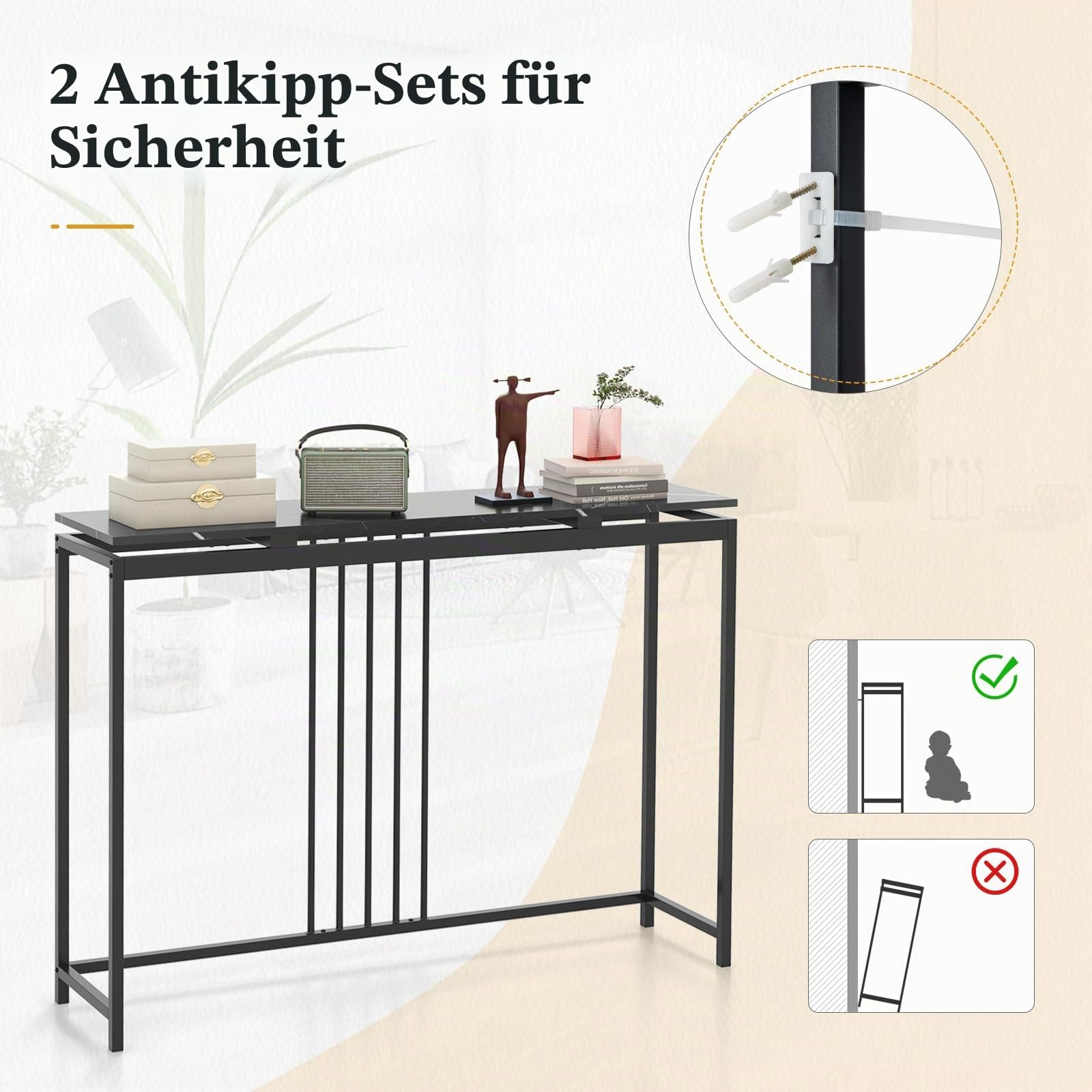 GIANTEX Konsolentisch Marmor Schwarz mit Metallgestell