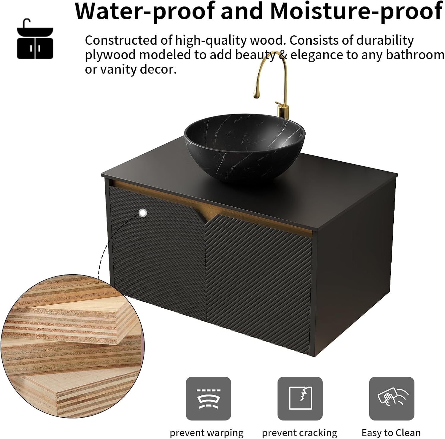 LKTART Floating 30 Inch Bathroom Vanity with Sink, Modern Wall Mounted Bathroom Storage Cabinet, Metal Stripes and 2 Doors, Black Bowl Ceramic Sink with Stone Pattern and Black Sintered Stone Top