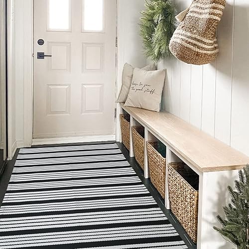 Vista 112 de Alfombra de exterior blanca y negra de 3 x 5 pies, alfombra de algodón tejida a mano, lavable a máquina, para interiores y exteriores, alfombra