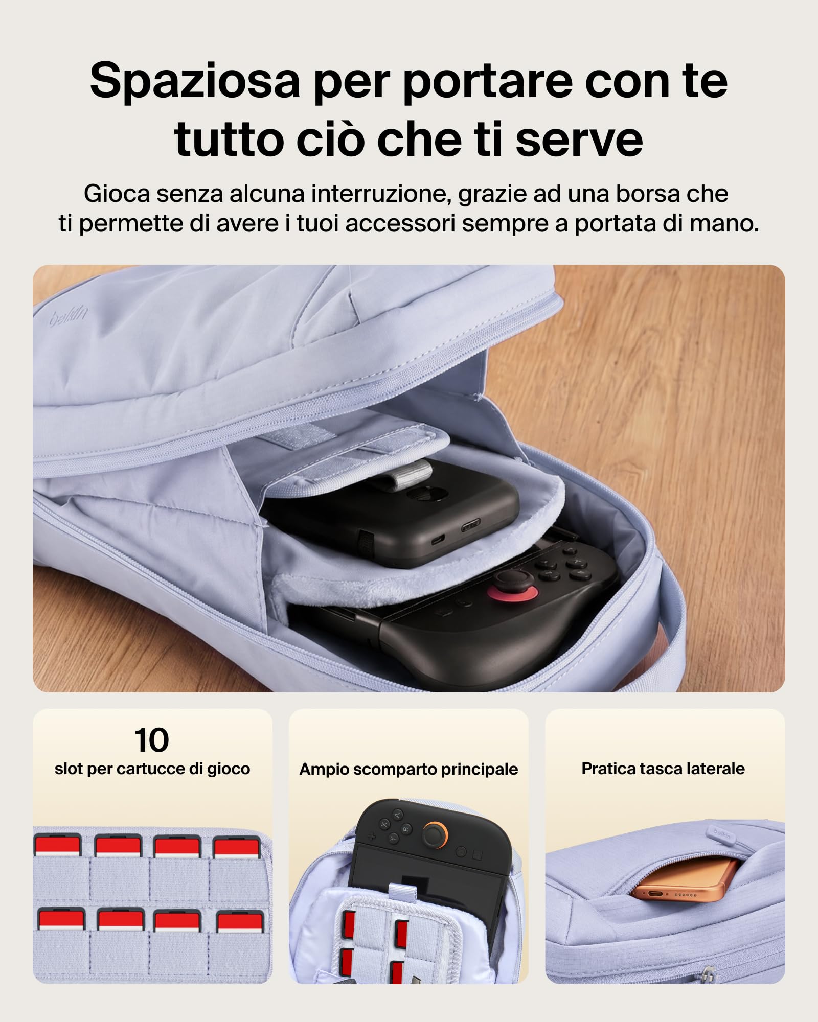 Belkin Gaming Borsa per Nintendo Switch 2 Protettiva da Viaggio - Viola | Borsa Crossbody, Custodia Protettiva da Trasporto per Accessori Console, Interno Morbido, Leggera, 10 Slot per Schede Giochi