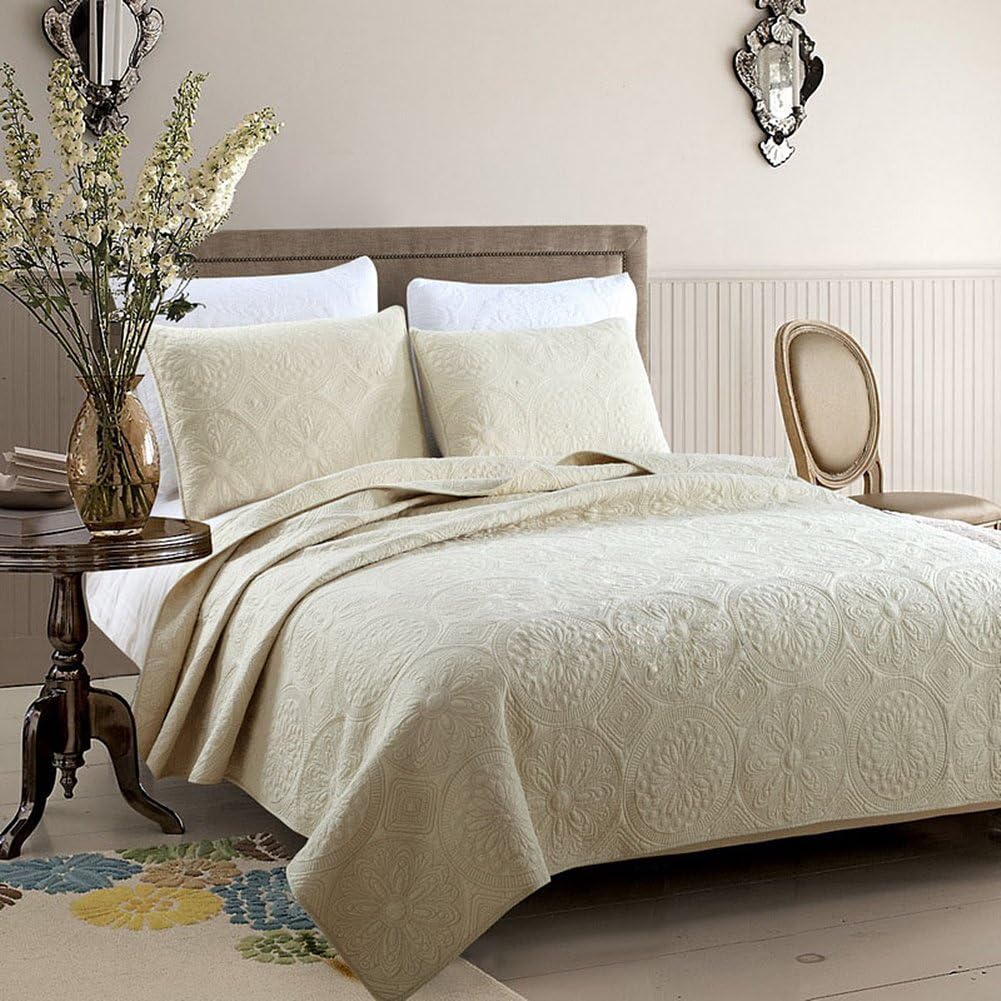 UKELER Vintage Floral Comforter Set Cozy Soft Bed Quilt Sets Bedspread Coverlet Set Queen Size, 3 Pcs (Beige Cirlcle)
