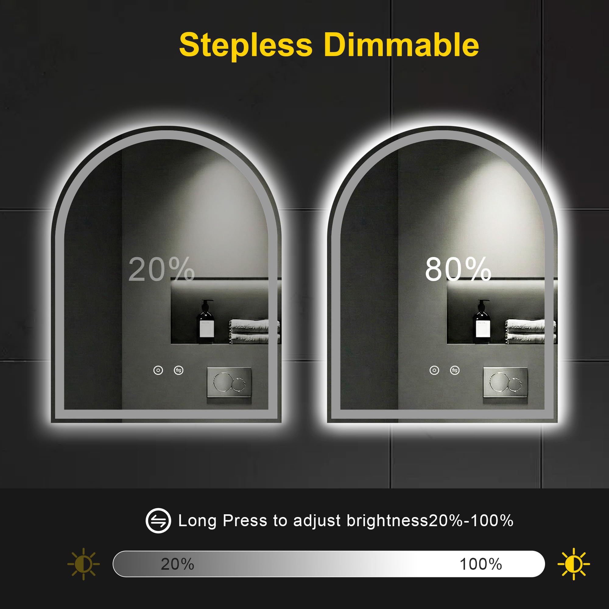 Specchio da bagno ad arco con luci LED, 71,1 x 91,4 cm, specchio da bagno illuminato | Anti-appannamento, dimmerabile in 3 colori, retroilluminato + frontale, vetro temperato infrangibile HD, funzione di memoria