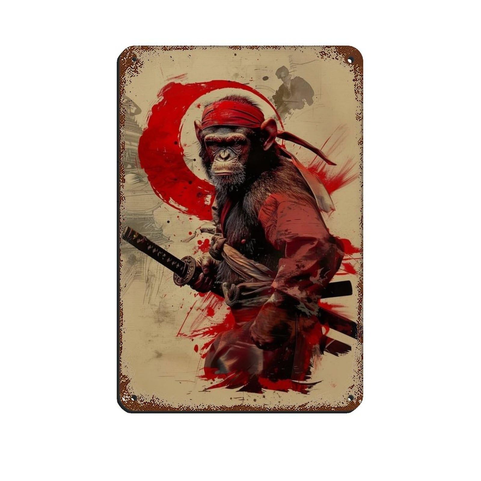 Ninja Monkey Holding A Katana Sword Retro Poster Metal Tin Sign Chic Art Retro Iron Painting Bar People Cave Cafe Family Garage Poster Wall Decoration 8x12inch(20x30cm)