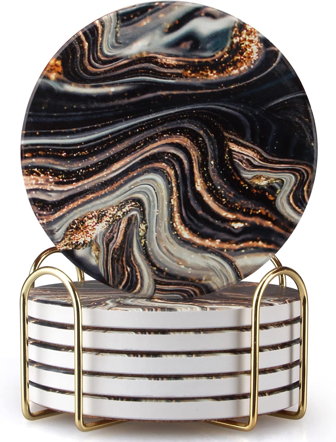 6 Pcs Black and Gold Marble Coasters with Holder Round Coasters for