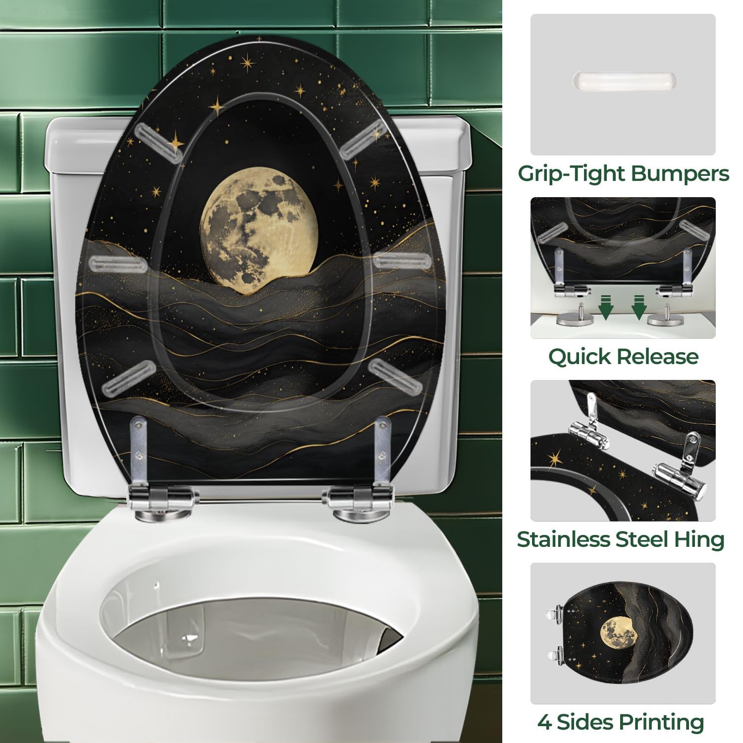Asiento de inodoro alargado de resina con cierre suave, diseño abstracto de luna dorada, estrellas y cielo oscuro con ondas, bisagras de liberación rápida, tapa decorativa de fácil limpieza e instalac