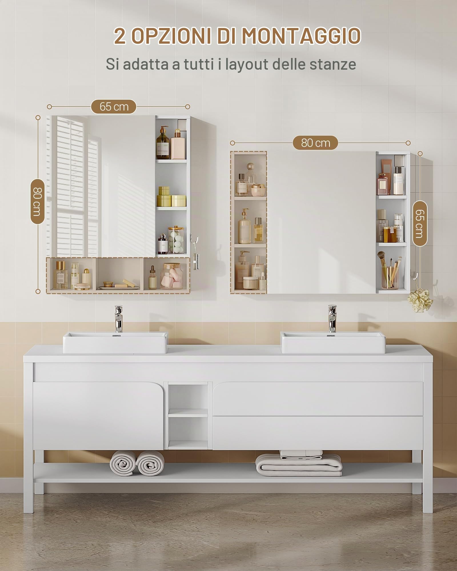 Hzuaneri Specchio Bagno Contenitore, Ripiani Aperti, 16,5 x 80 x 65 cm | Mobile da Bagno a Specchio, Regolabili, Bianco, a Parete, Montaggio Flessibile, MC23303X