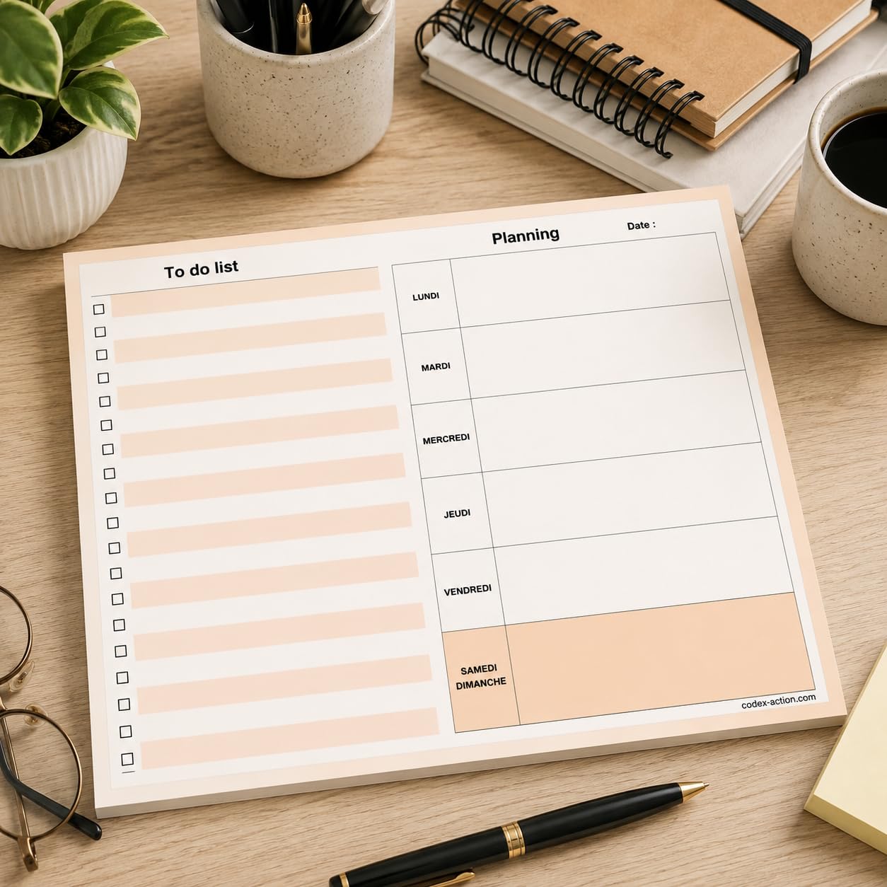 A4-Wochenplaner mit To Do List – Wochenkalender undatiert – 52 abnehmbare Blätter – Wochen-Organizer für Büro, Arbeit und Familie (Braun)