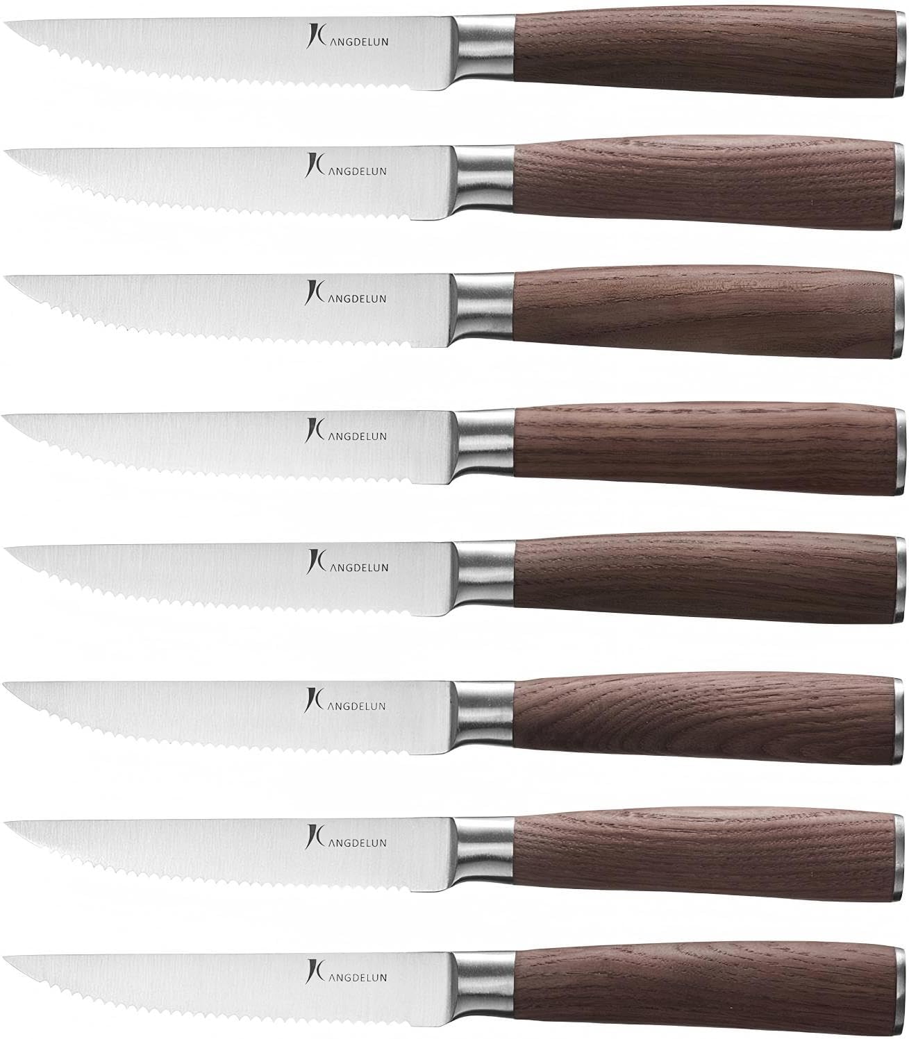 Ultra Sharp 8-Piece Steak Knife Set, 4.5" Serrated Blades, 50Cr15MoV High-Carbon Stainless Steel, Torrefied Charred Brown Ash Wood Handles, Magnetic Gift Box