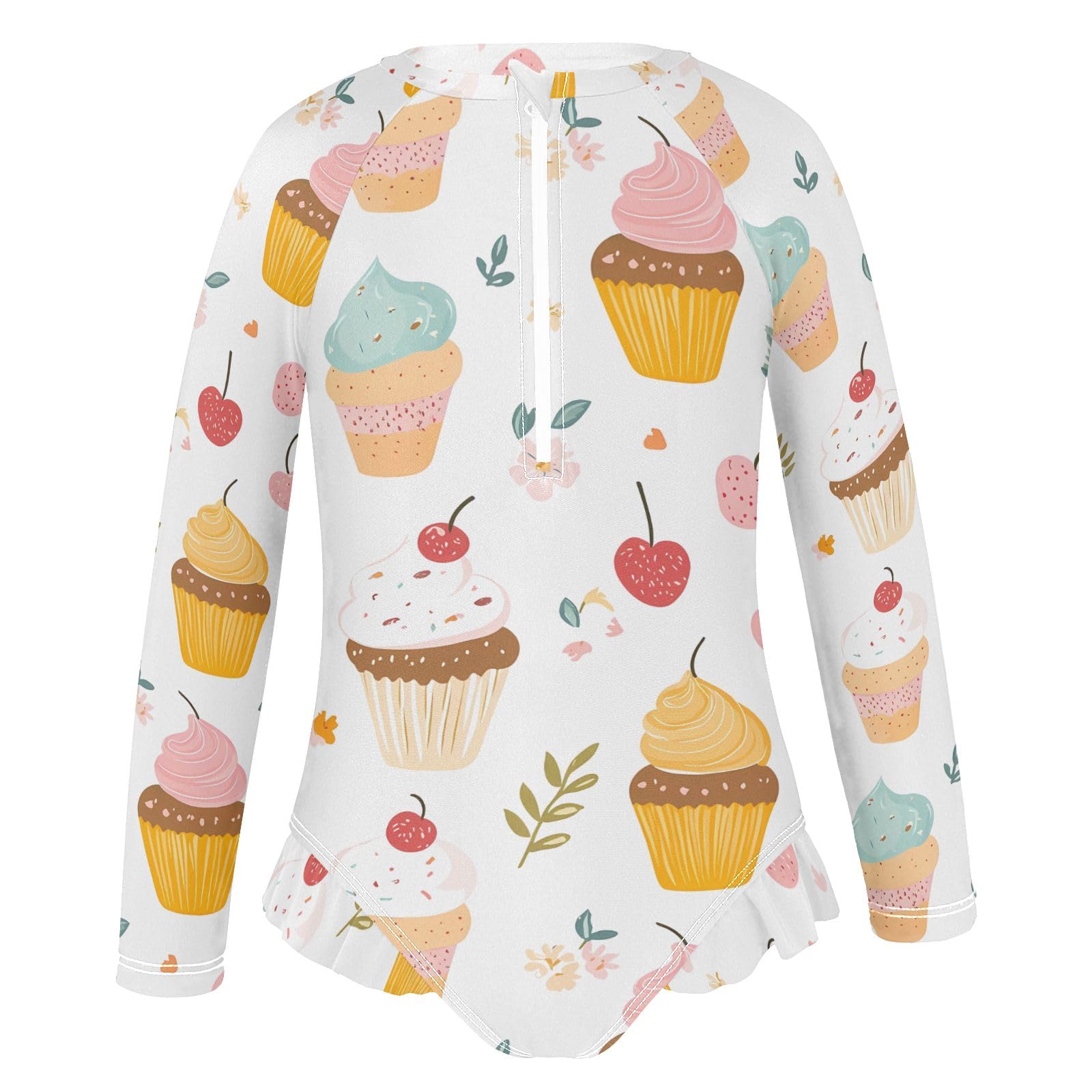ALAZA Bathing Suits for Girls Toddler Girl Swimsuit Cake Cherry Ice Cream Long Sleeve UPF 50+ 5-6T