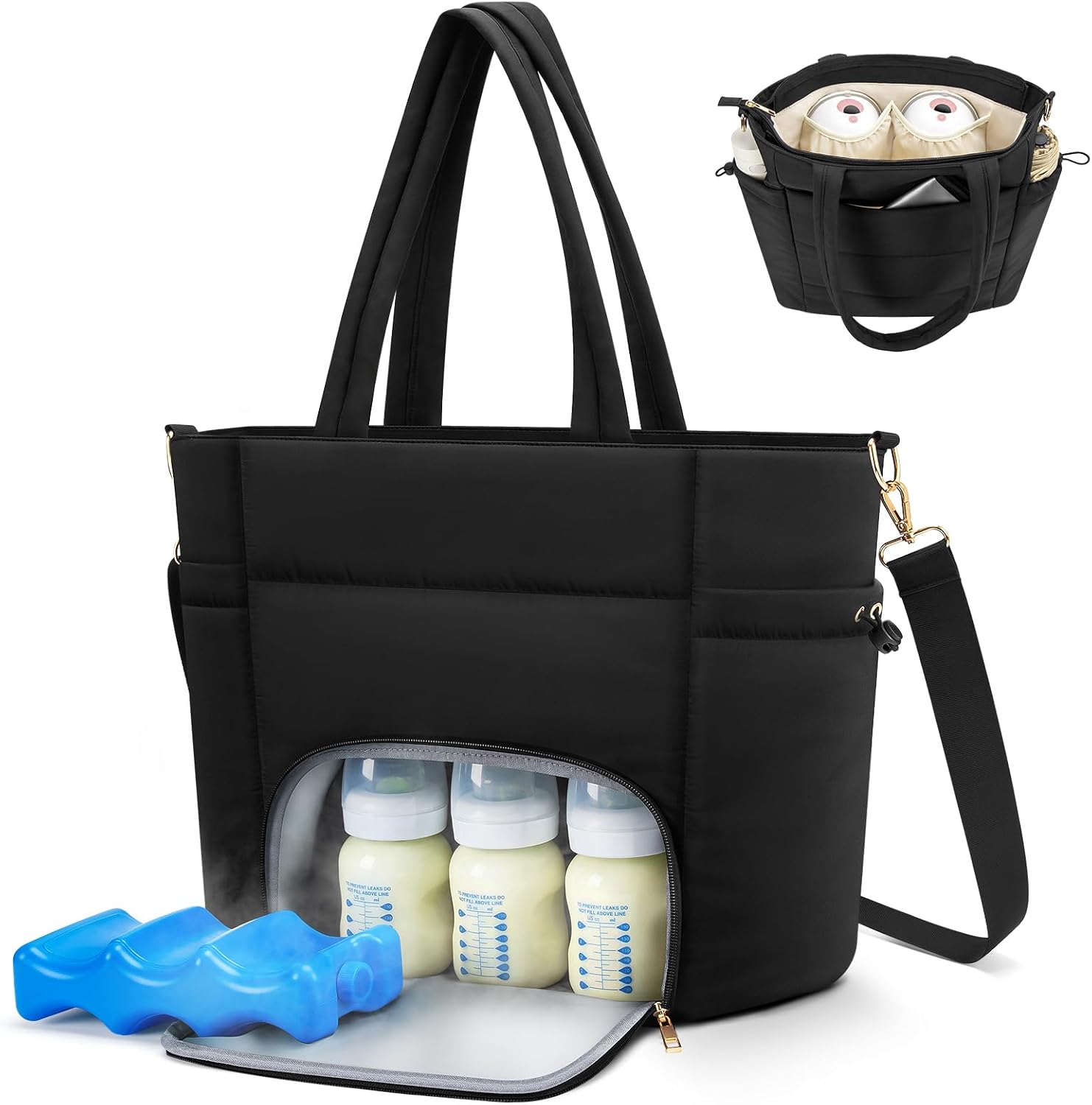Wearable Breast Pump Bag for Working Mom, Breastmilk Cooler Tote Bag with Insulated Compartment, Breast Pump Bag with Ice Pack & 16‘’ Laptop Sleeve, Baby Bottle Cooler bag for Nursing, Work, Travel