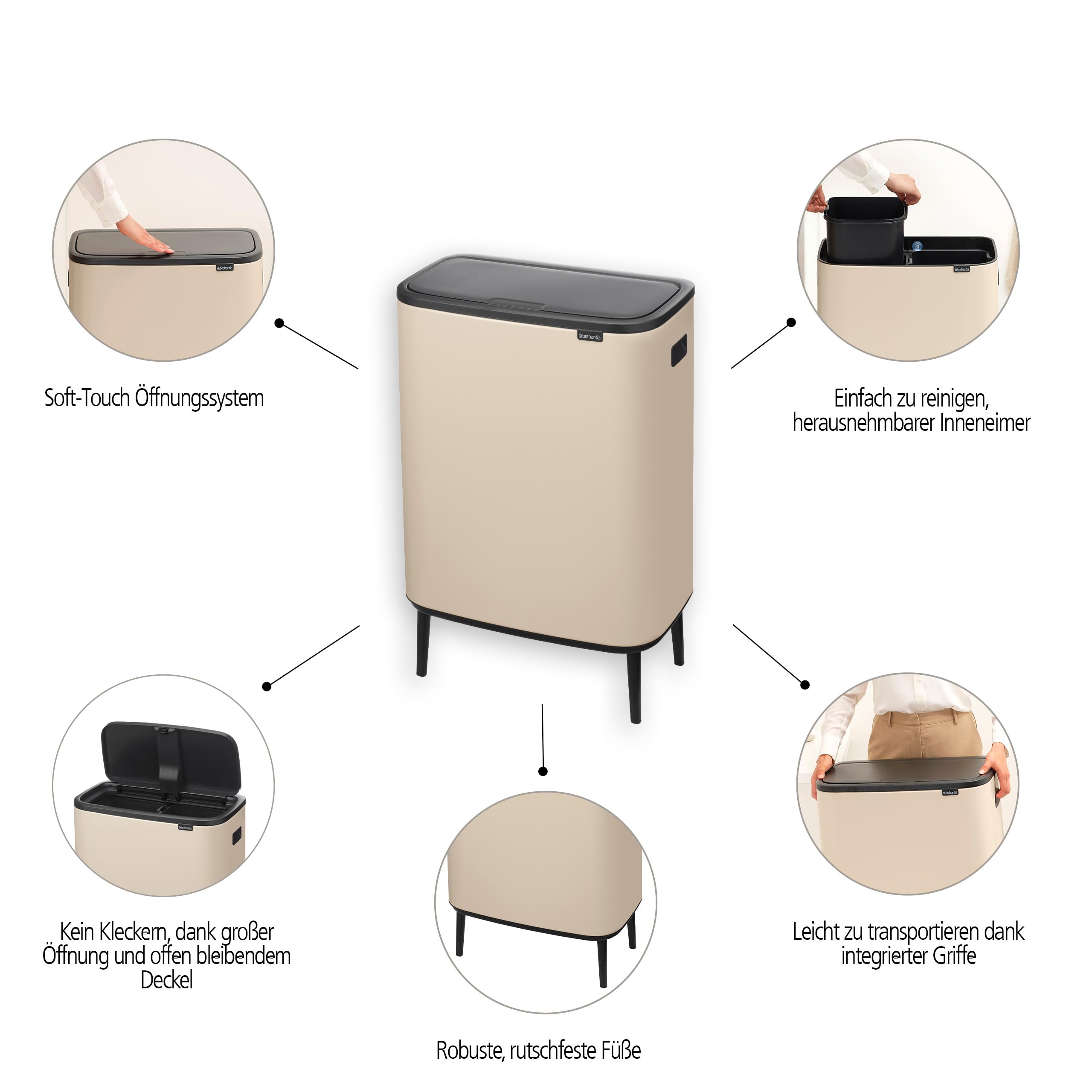 Brabantia Bo Touch Bin Hi Küchenmülleimer 2 x 30 l - Abfalleimer mit Soft-Touch-Öffnungssystem | Platzsparender Restmülleimer mit zwei Inneneimern für die Küche | Soft Beige