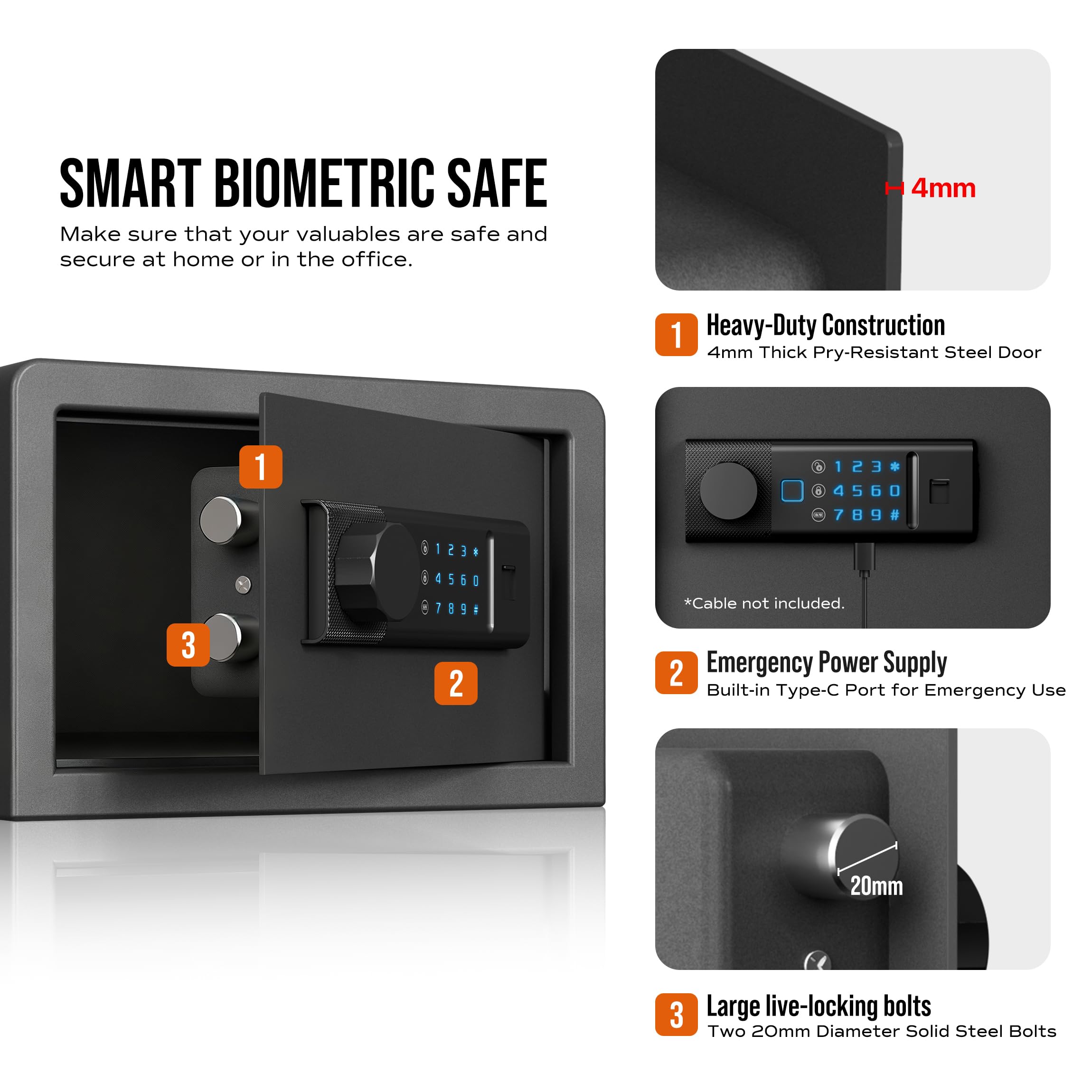 RPNB Caja fuerte biométrica retroiluminada Touchpad pequeña caja fuerte para el hogar con puerto USB-C de emergencia luz indicadora caja fuerte de acero de aleación para dinero y joyas 8,5L