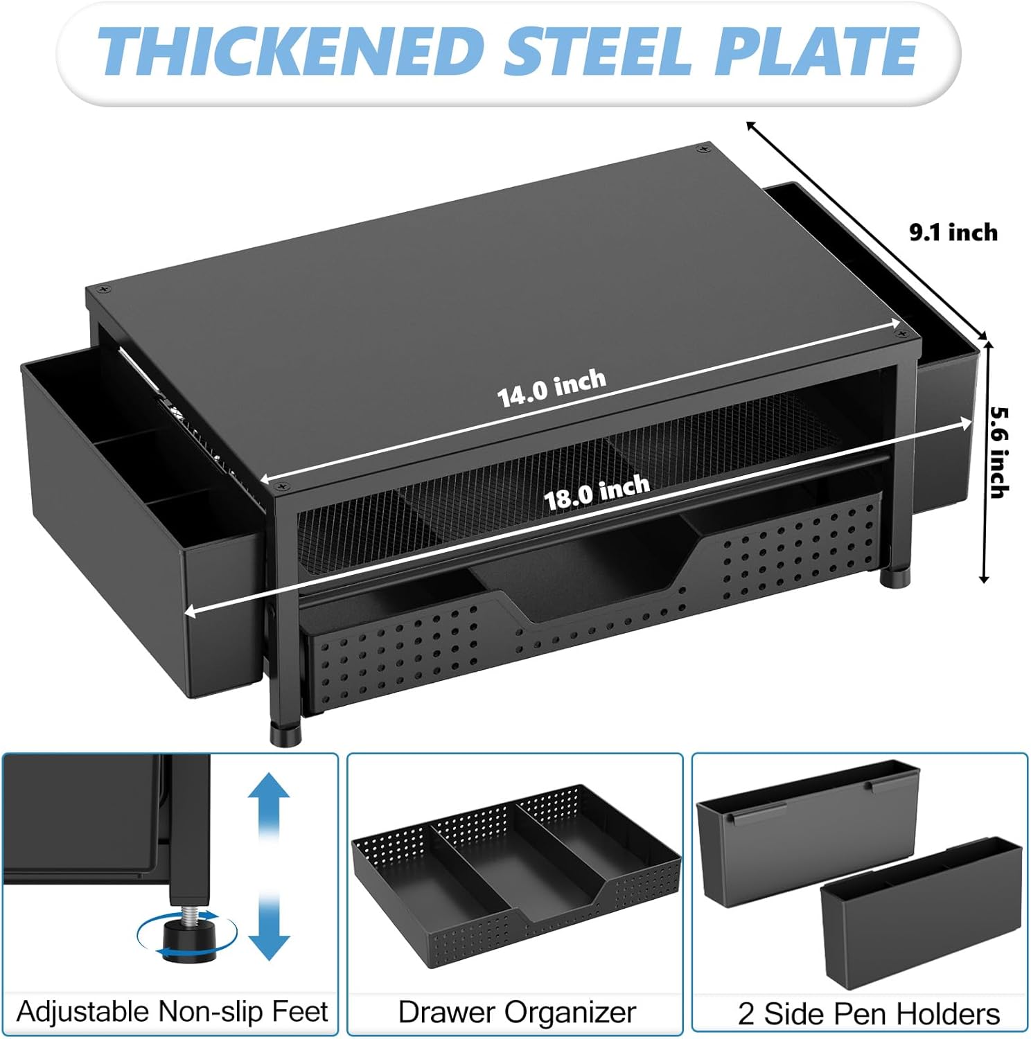OPNICE Desk Organizer and Accessories, 2-Tier Computer Monitor Stand Riser with Drawer and 2 Pen Holders, Laptop Stand, Office Desk Accessories for Office Supplies, Black 2-Pack