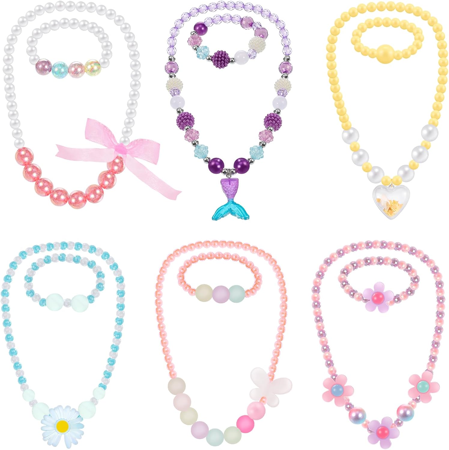 Sumind 6 Sets Toddler Jewelry for Little Girls, Beaded Gift, Flower Style | Princess Dress-up Costume Necklace and Bracelet, Pretend Play Party, Birthday Christmas Gift for Little Girls Age 2-6