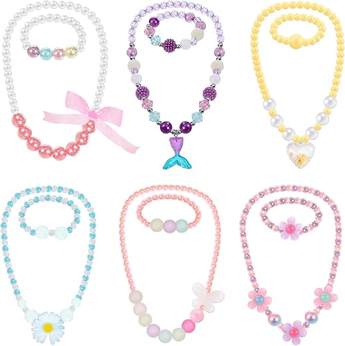 Sumind 6 juegos de joyas para niñas pequeñas, collar y pulsera de cuentas para bebés, regalos de joyería de disfraces, regalos de fiesta de princesa