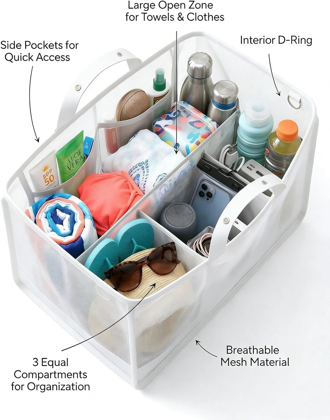 LETGO Beach Bag Organizer for X Large Bogg Bag Accessories Inserts, 2 Pack Cup Holder, Phone Holder and Hooks Insert Compatible with Simple Modern Beach Tote Bag (White)