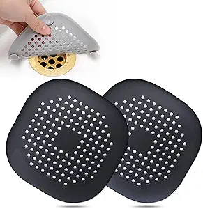 Hair Drain Catcher,Square Drain Cover for Shower Silicone Hair Stopper with Suction Cup,Easy to Install Suit for Bathroom,Bathtub,Kitchen 2 Pack (Black)