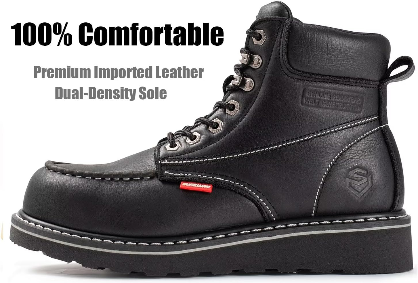 SUREWAY 6” Mens Heavy Duty Steel/Composite/Soft Toe Work Boots for Men,Comfortable & Durable,Goodyear Welt,Full Grain Leather,Oil/Slip Resistant,Wedge Moc Toe Industrial Construction Boots/Shoes - Image 5