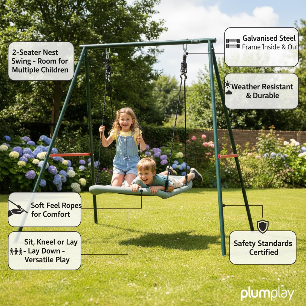 Plum Play - Altalena a 2 posti per bambini, robusta struttura in metallo, per un massimo di 2 bambini, peso massimo 100 kg, dai 3 anni in su, con tasselli inclusi