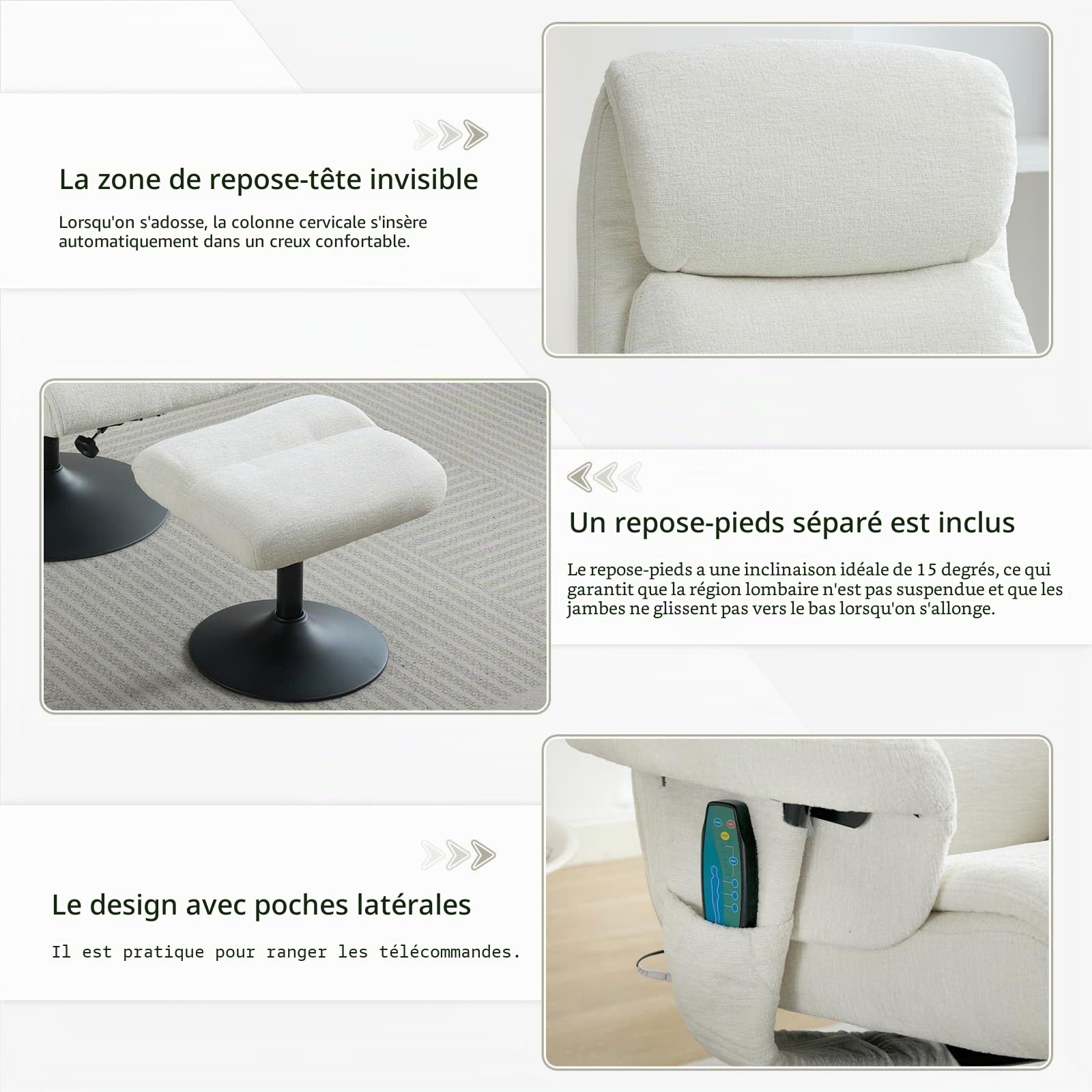 Sweiko Fauteuil de Massage Pivotant à 360° avec Fonction Inclinable et Chauffante, Fauteuil TV Relax avec Repose-Pieds, Revêtement en PU (White + Chenille + Foam)