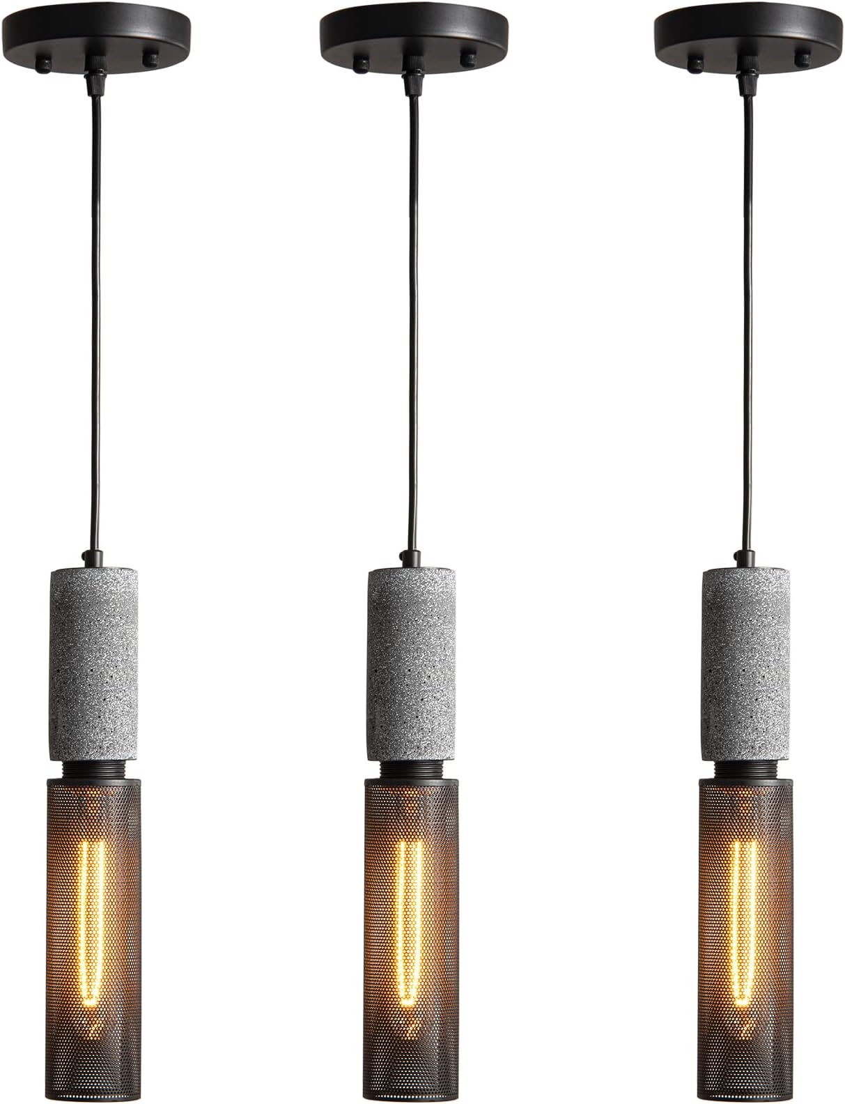 Concrete Linear Pendant Light with a Metal Mesh Shade,Modern Industrial Hanging Cement Pendant Lighting Fixture for Kitchen Island Dinning Room Bedroom(Black 3-Pack)