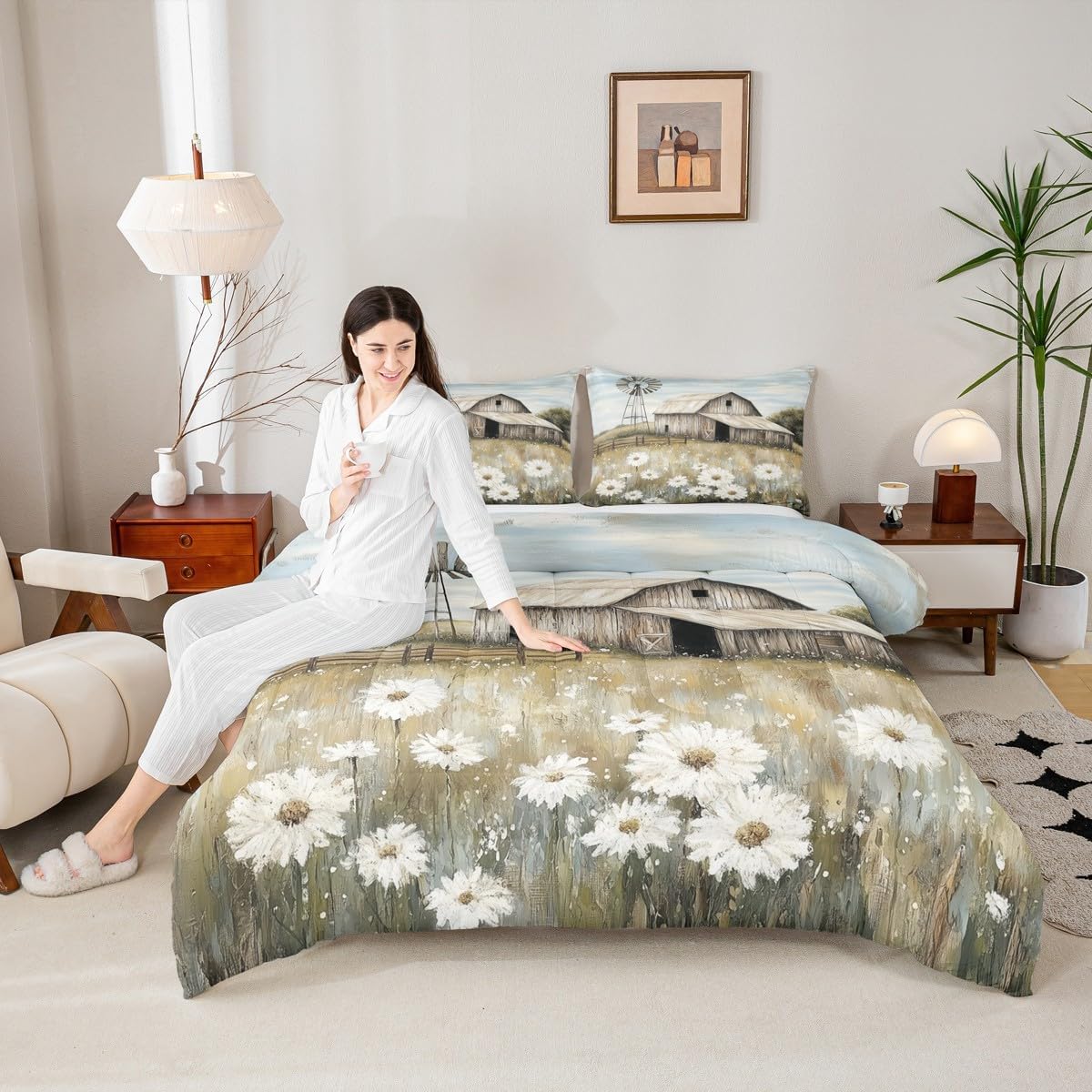 Erosebridal Farmhouse Bedding Set Queen Size Rustic Barn Farm Scene Comforter Rural Country Wild Flowers Quilt Countryside Down Comforter,All Season & Soft Cozy
