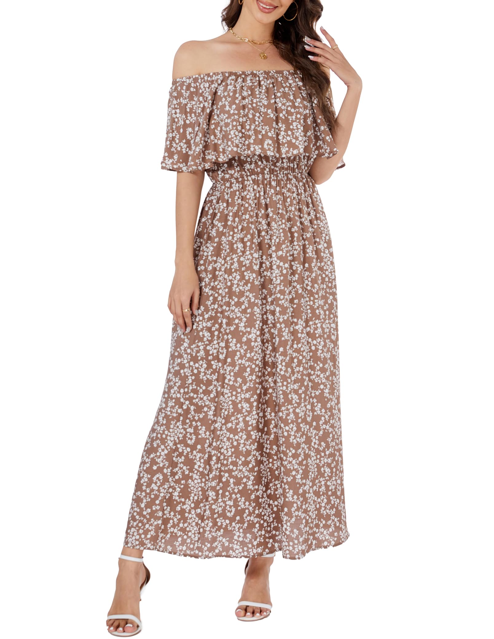 Bluetime Womens Maxi Dress Off Shoulder Floral Print Boho Beach Long Summer Dresses